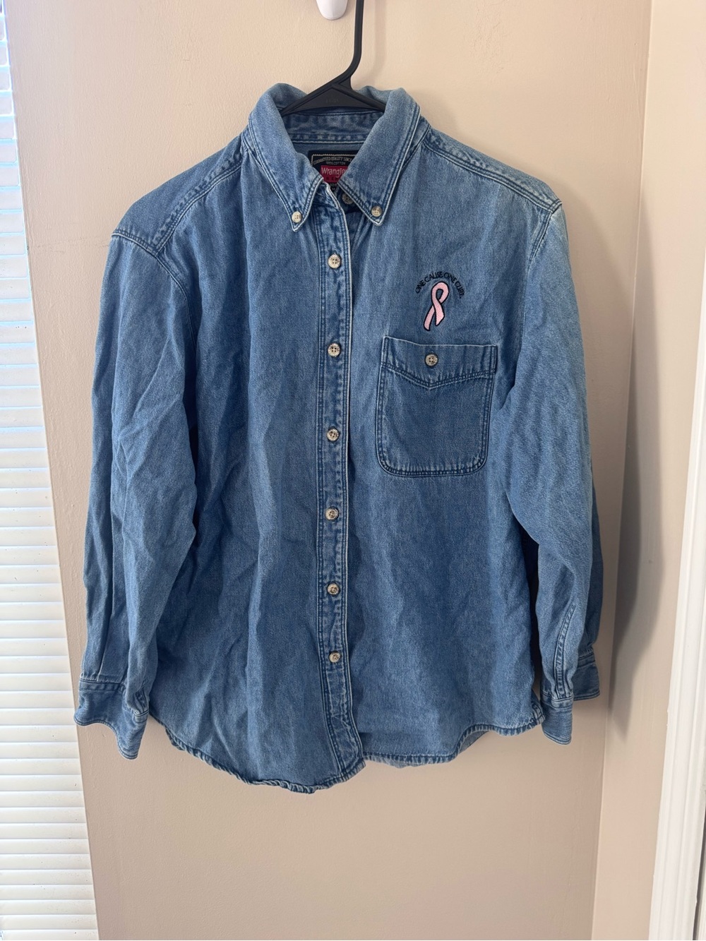 Vintage 90s Wrangler Hero Denim Shirt Medium Ladies 100% Cotton Pink Ribbon Blue